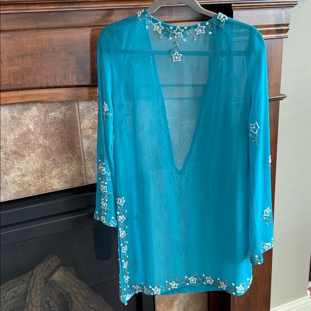 Turquoise semi sheer beaded embellished asymmetrical swim cover/ tunic Y2K M - Picture 10 of 13